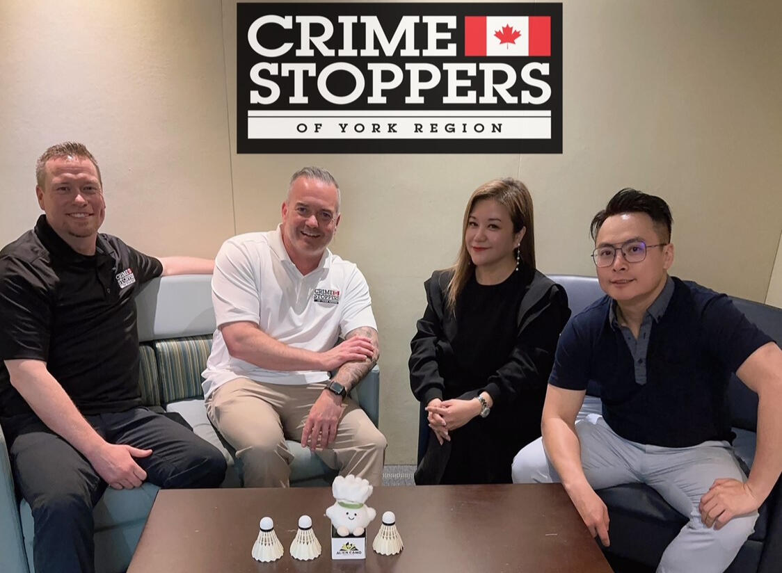 With Steve Alexander and John Nechay from Crime Stoppers York Region, joined by Mags Au (Alien Camo Creative) and Goodwin Hon (The Host Badminton), working together to promote community safety through sport at York Regional Police.